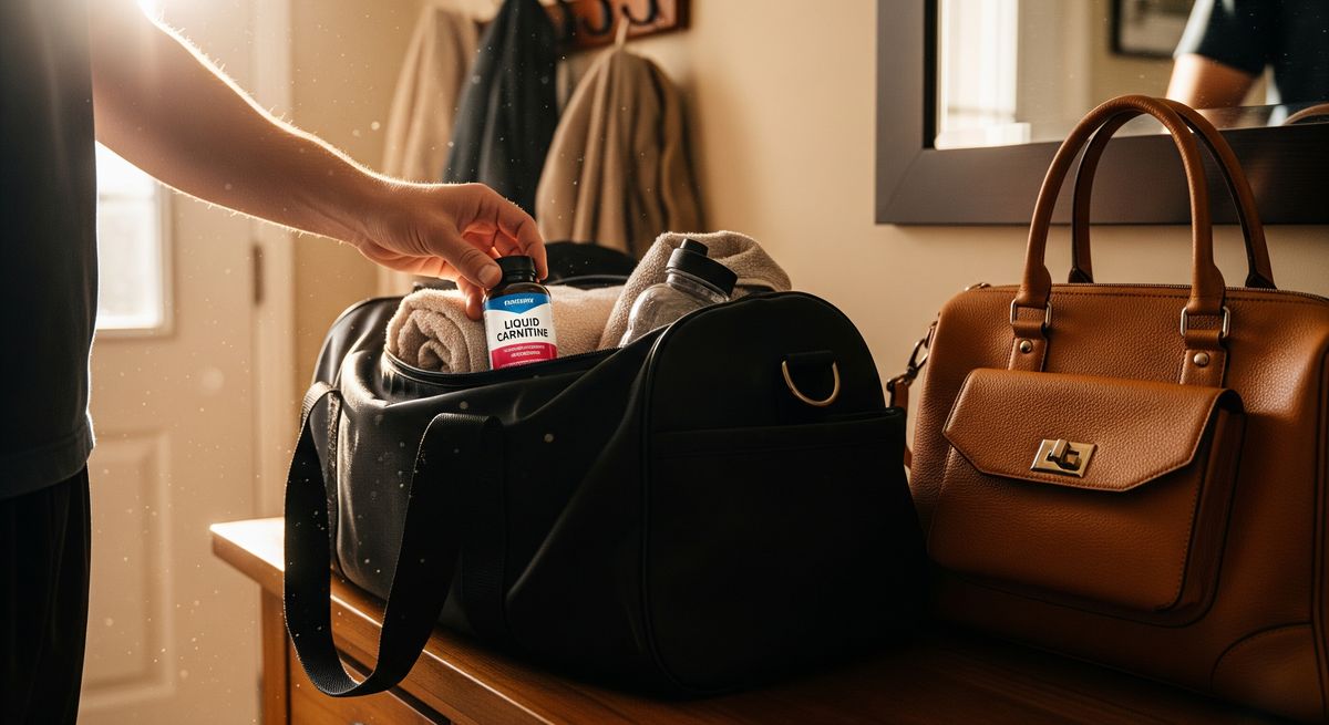 personne glissant un complement liquide dans un sac avant une activite